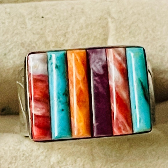 VTG Jay King Mine Finds Turquoise Coral Spiny Oyster Sterling Mens Ring Sz 10.5 - Picture 6 of 15